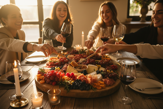 Group of people enjoying a meal together with a charcuterie board on a wooden table.