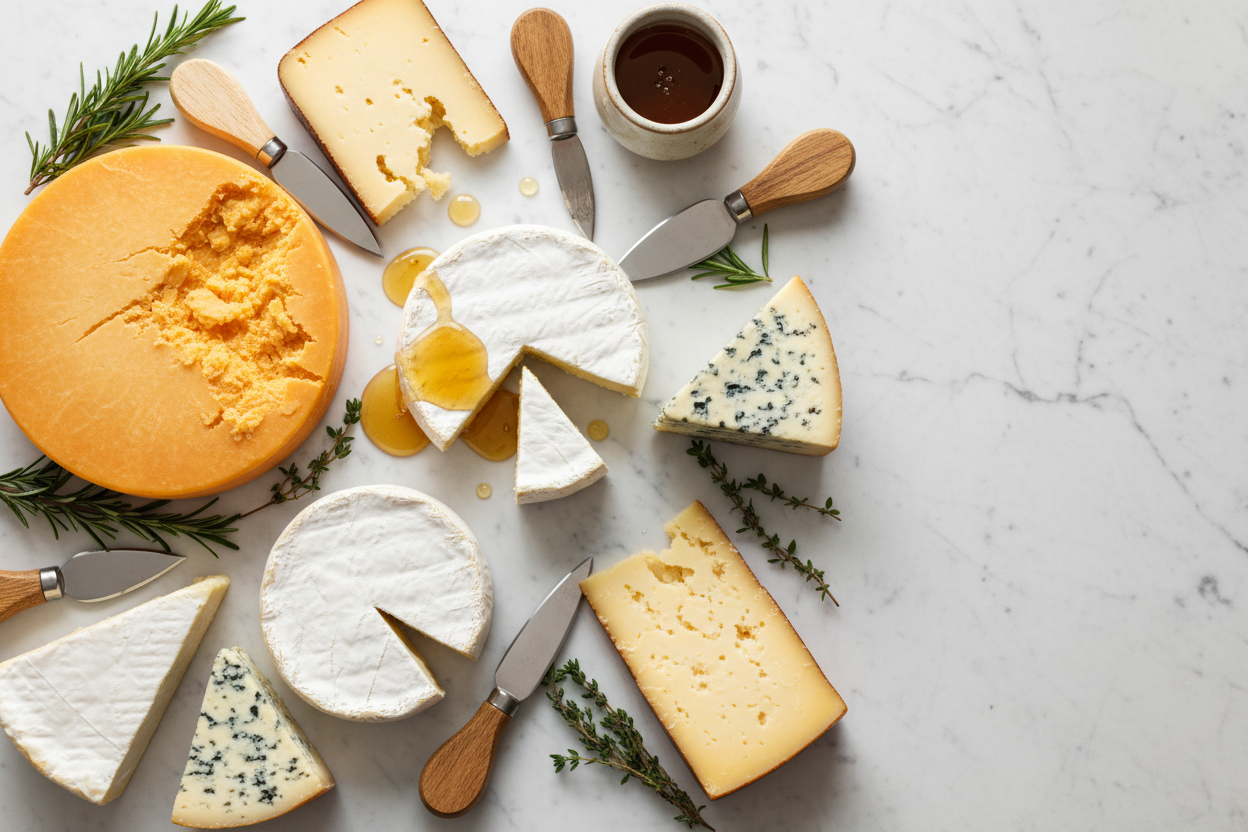 Assorted types of cheese with knives on a light gray surface