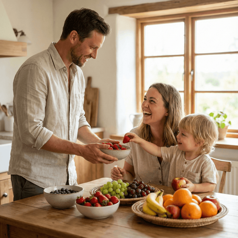 Family in a kitchen with a table full of fruits and a man serving berries.