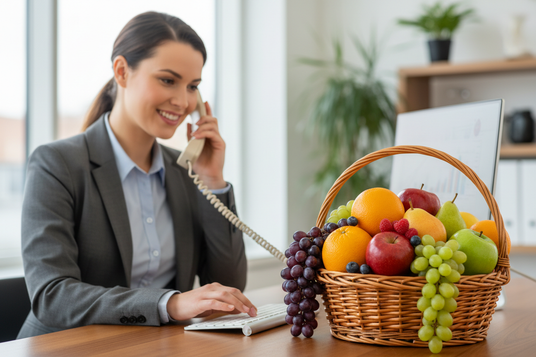 Woman on the phone at a desk with a fruit basket