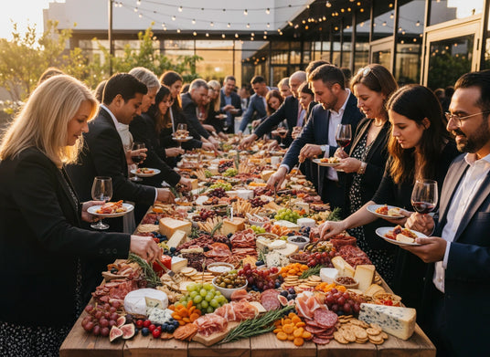Group of people enjoying a meal at an outdoor event with a long table filled with food.