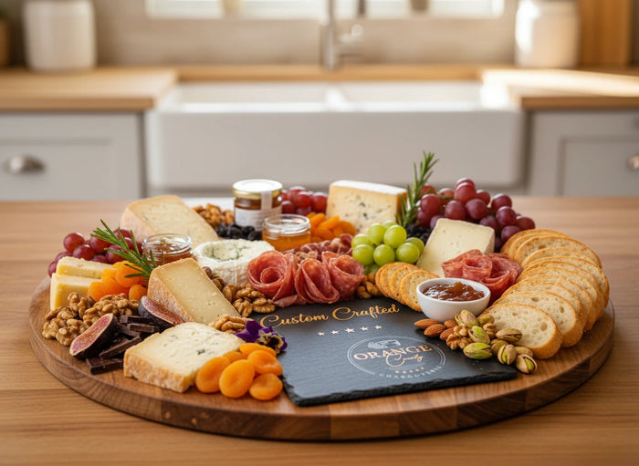 Assorted charcuterie board with cheeses, meats, fruits, and crackers on a wooden board.