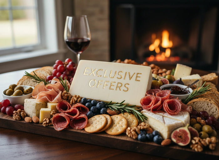 Charcuterie board with exclusive offers sign in front of a fireplace