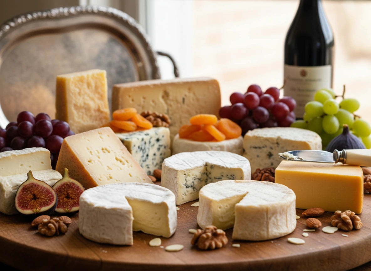 Assorted cheeses with fruits and nuts on a wooden board, accompanied by a bottle of wine.