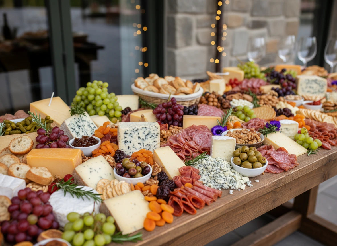 Assorted meats, cheeses, and fruits on a wooden table outdoors.