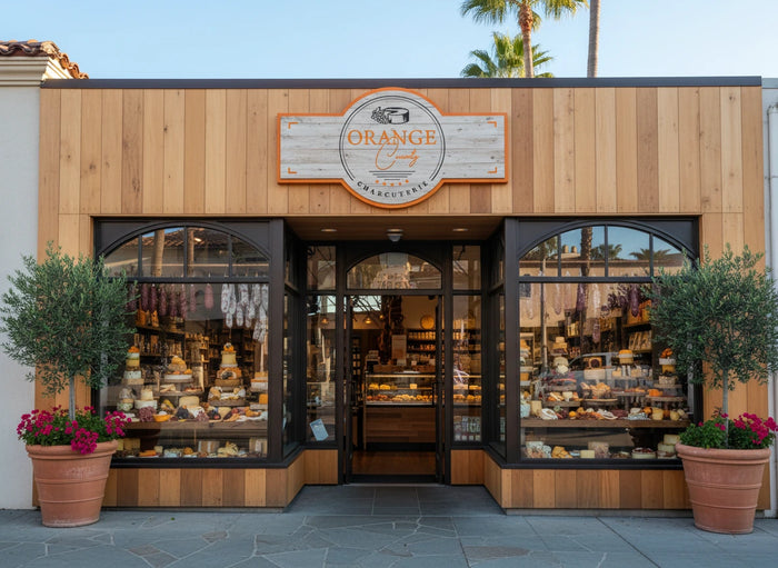 Bakery storefront with wooden facade and glass windows displaying pastries, surrounded by potted plants and palm trees.
