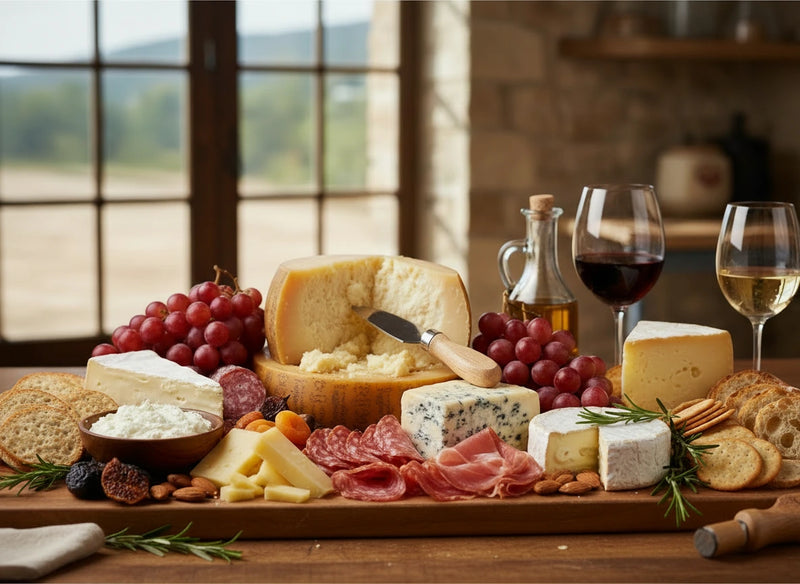 Assorted cheeses, meats, and grapes on a wooden board with wine glasses in the background.