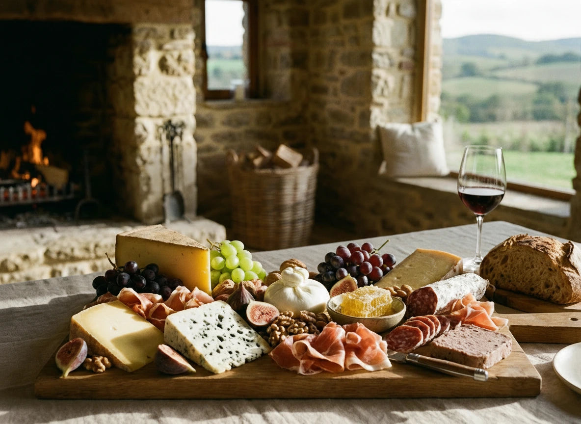 Assorted cheeses, meats, and fruits on a wooden board with a fireplace and scenic view in the background.