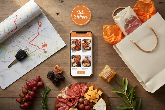 Table with food platter, phone displaying an app, map, key, and 'We Deliver' sign.