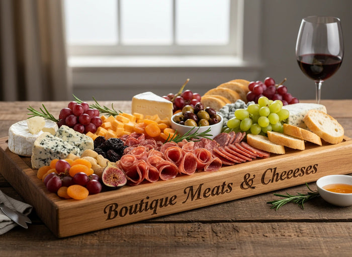 Wooden charcuterie board with meats, cheeses, fruits, and a glass of red wine on a wooden table.