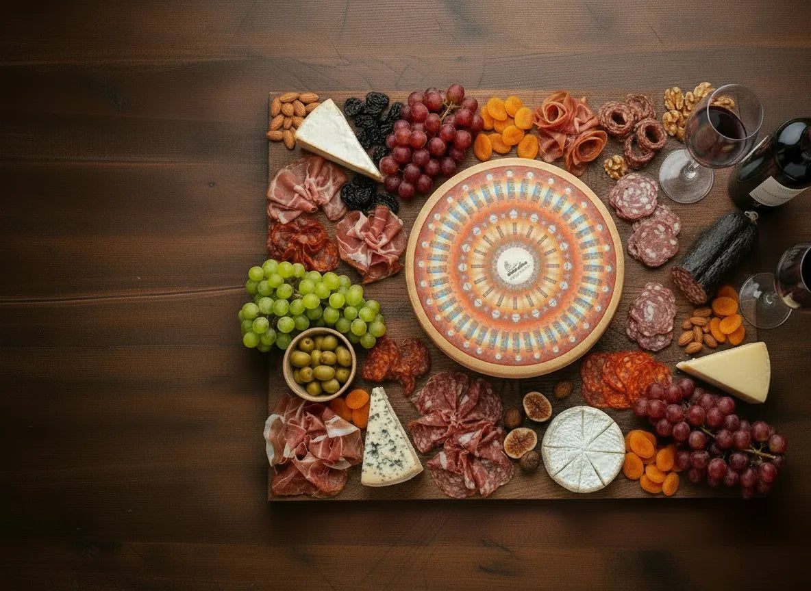 Assorted meats, cheeses, and fruits on a wooden board with a clock in the center.