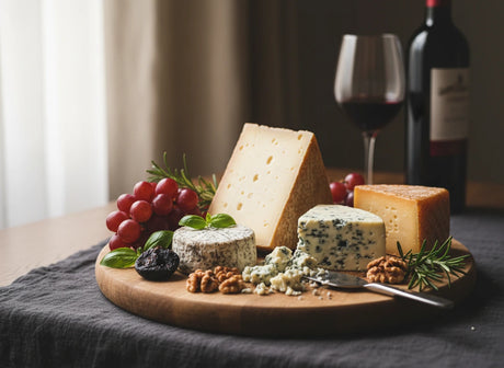 Assorted cheeses with grapes, nuts, and a glass of red wine on a wooden board.