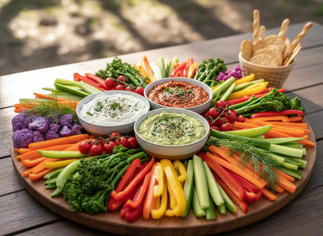 Assorted vegetables and dips on a wooden platter outdoors.