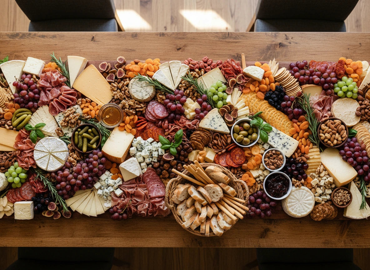 Assorted charcuterie board with meats, cheeses, fruits, and nuts on a wooden surface.