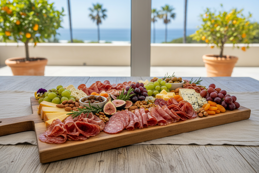 Charcuterie board with meats, cheeses, and fruits on a wooden board with a scenic background.
